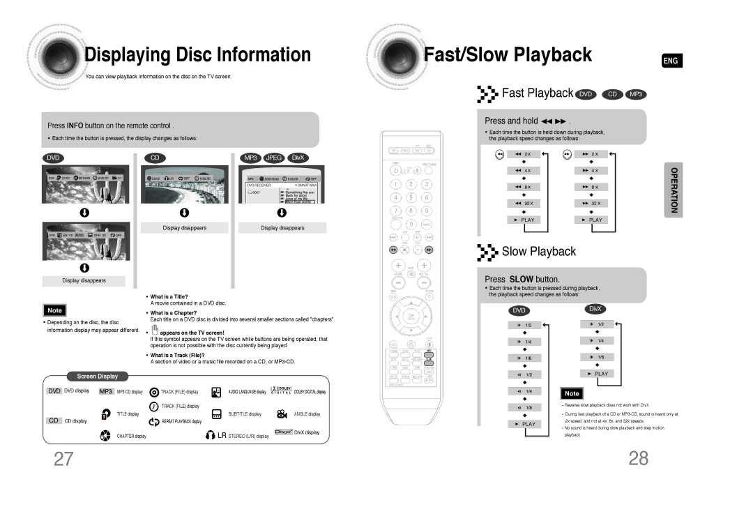 Samsung MAX-DA76T/HAC manual Slow Playback, Press and hold, Press Slow button, Press Info button on the remote control 