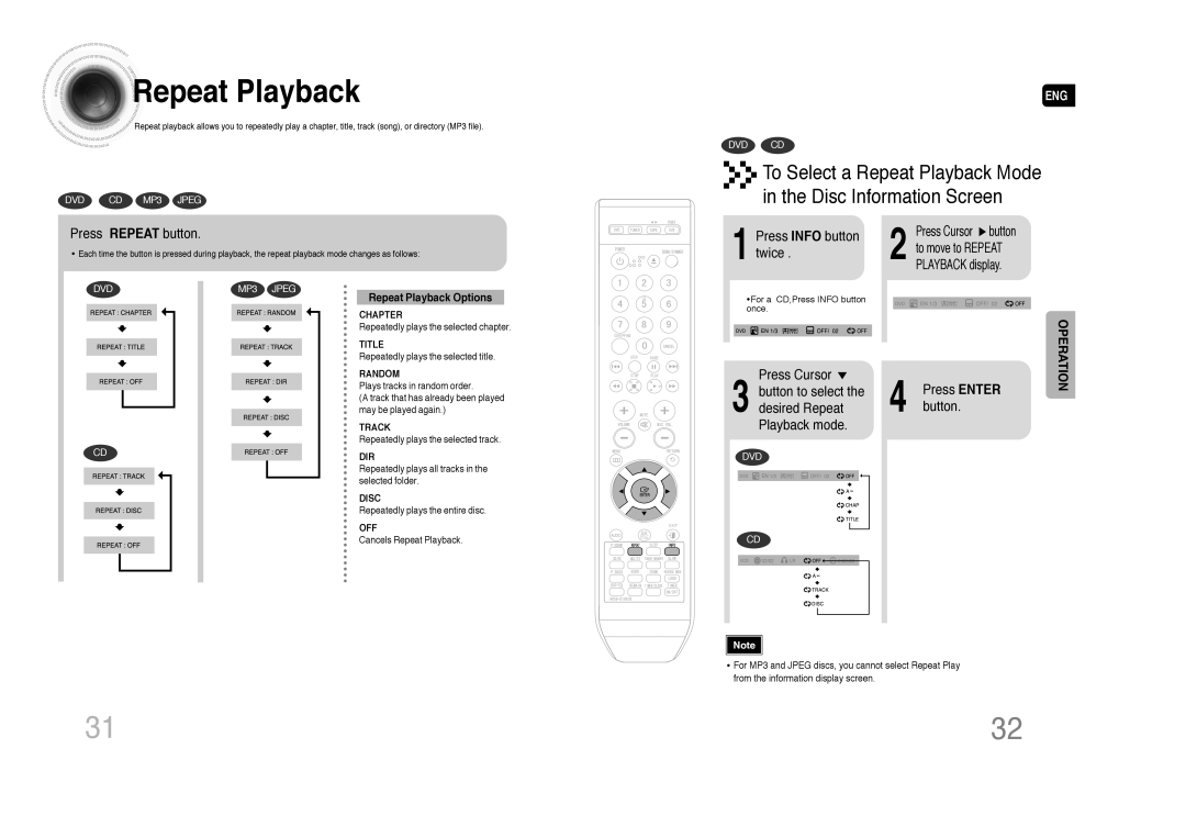 Samsung MAX-DA76T/UMG, MAX-DA76T/FMC, MAX-DA76T/MEA manual To Select a Repeat Playback Mode Disc Information Screen 