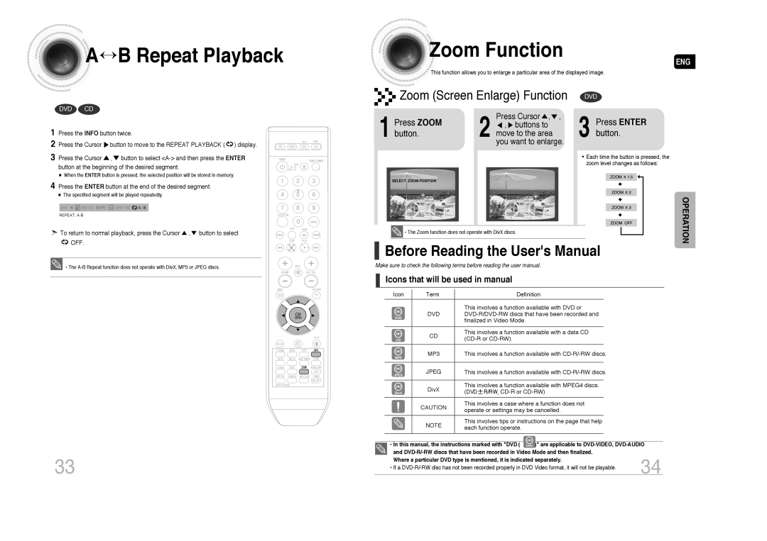 Samsung MAX-DA79T/UMG manual ↔ B Repeat Playback Zoom Function, Zoom Screen Enlarge Function DVD, Press Zoom button 