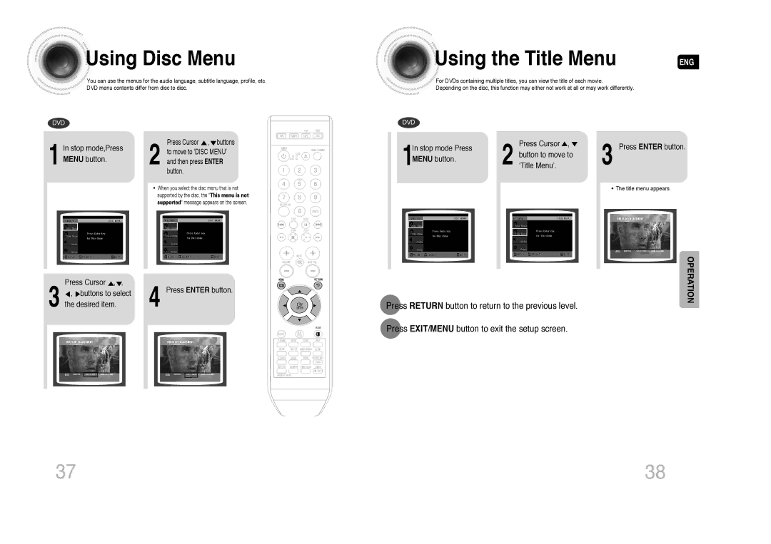 Samsung MAX-DA75T/FMC Using Disc Menu, Press Return button to return to the previous level, Stop mode,Press, Menu button 