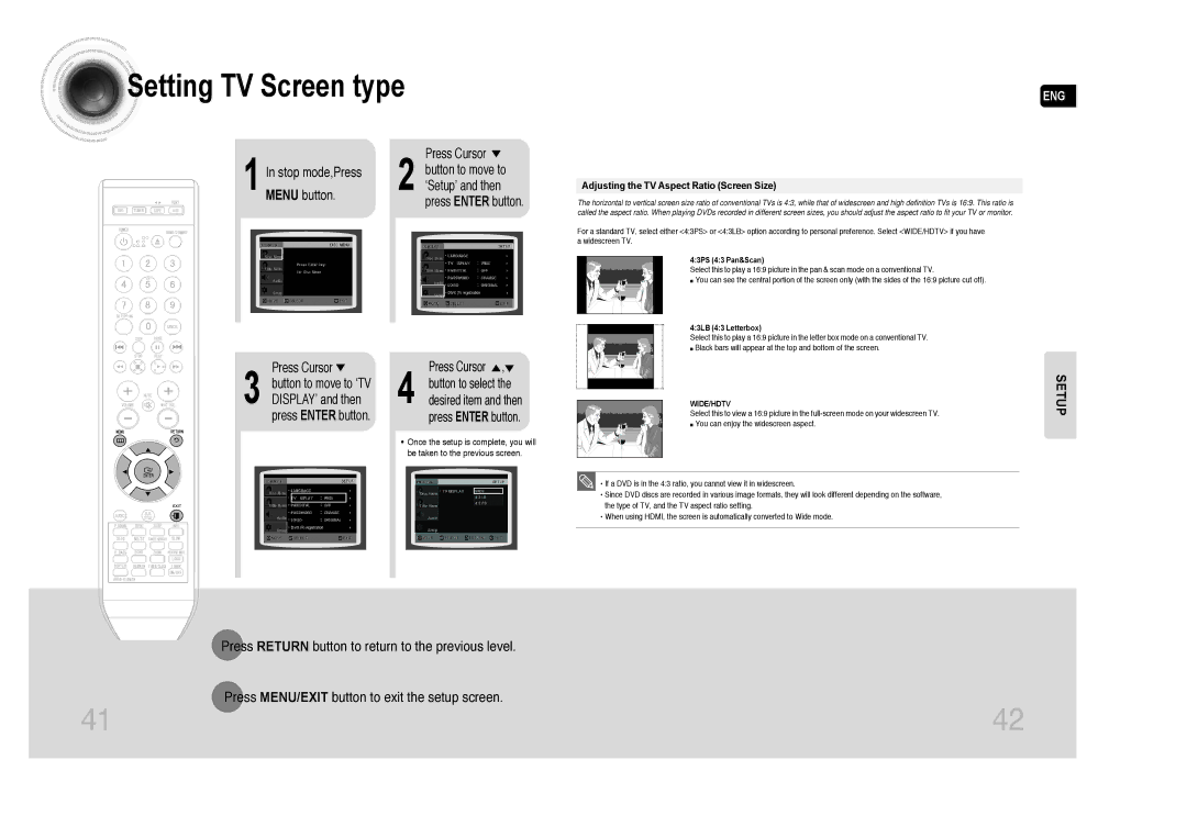 Samsung MAX-DA79T/MEA, MAX-DA76T/FMC, MAX-DA76T/MEA, MAX-DA75T/HAC, MAX-DA76T/HAC, MAX-DA76T/SAH manual Setting TV Screen type 