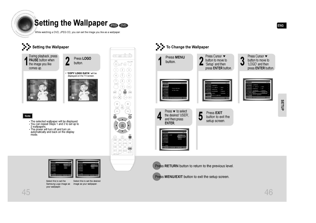 Samsung MAX-DA76T/FMC, MAX-DA76T/MEA, MAX-DA75T/HAC, MAX-DA76T/HAC, MAX-DA76T/SAH Setting the Wallpaper Jpeg DVD, Press Menu 