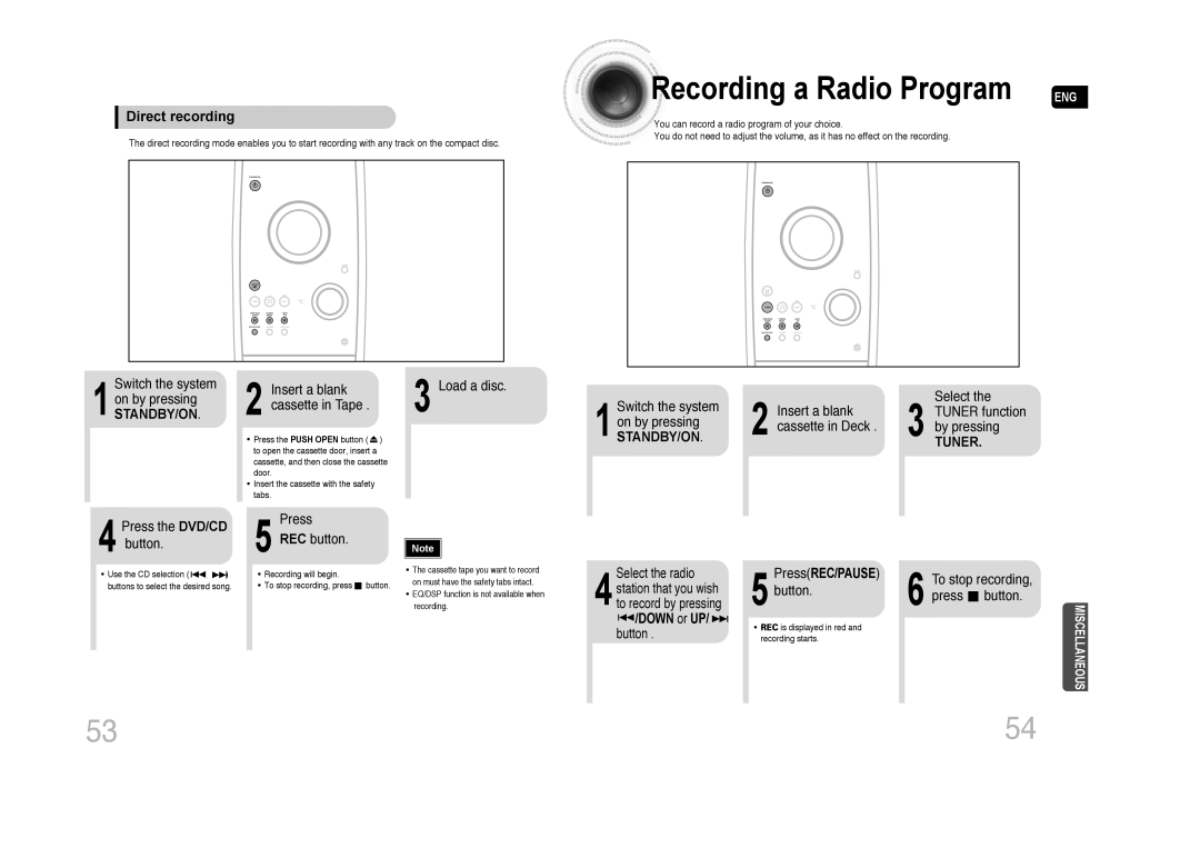 Samsung MAX-DA76T/SAH manual Recording a Radio Program ENG, Press the DVD/CD button Insert a blank cassette in Tape 