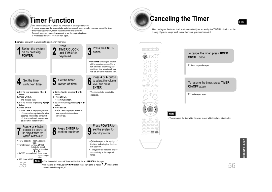 Samsung MAX-DA76T/UMG, MAX-DA76T/FMC, MAX-DA76T/MEA, MAX-DA75T/HAC, MAX-DA76T/HAC manual Timer Function, Timer/Clock, Power 