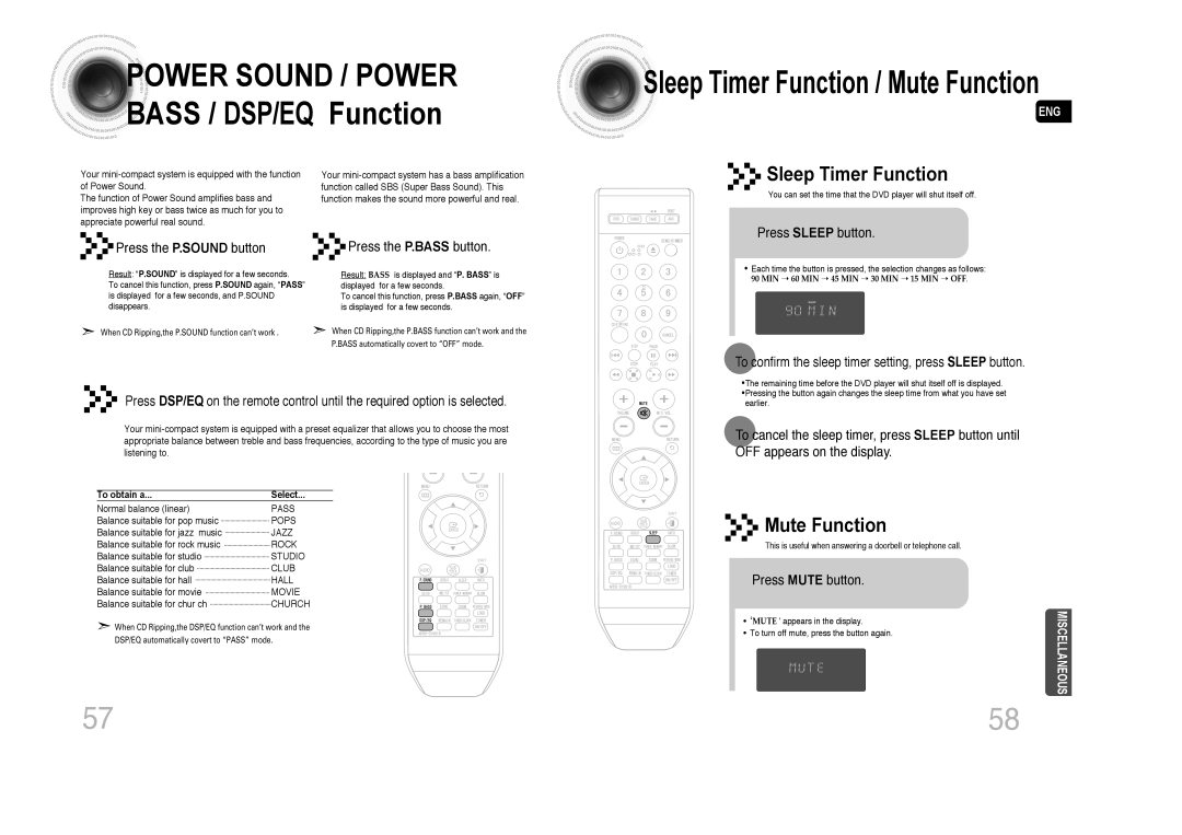 Samsung MAX-DA79T/UMG manual Press Sleep button Press the P.SOUND button, Press the P.BASS button, Press Mute button 