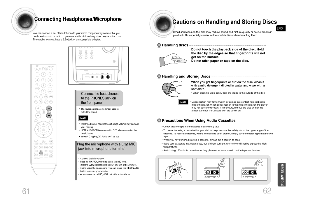 Samsung MAX-DA75T/FMC manual Connecting Headphones/Microphone, Connect the headphones to the Phones jack on Front panel 