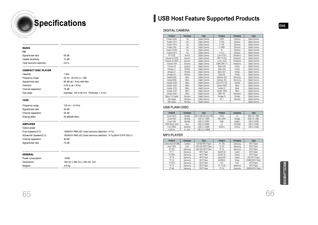 Samsung MAX-DA79T/MEA, MAX-DA76T/FMC, MAX-DA76T/MEA, MAX-DA75T/HAC, MAX-DA76T/HAC, MAX-DA76T/SAH, MAX-DA76T/UMG Specifications 