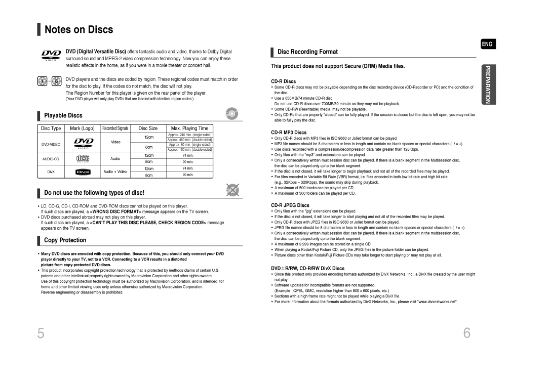 Samsung MAX-DA76T/SAH, MAX-DA76T/FMC, MAX-DA76T/MEA Playable Discs, This product does not support Secure DRM Media files 