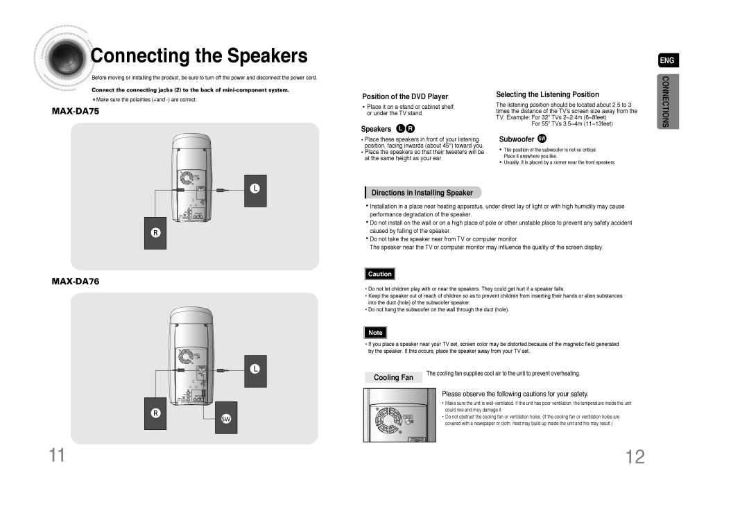 Samsung MAX-DA79T/FMC, MAX-DA76T/FMC, MAX-DA76T/MEA, MAX-DA75T/HAC, MAX-DA76T/HAC, MAX-DA76T/SAH Connecting the Speakers 