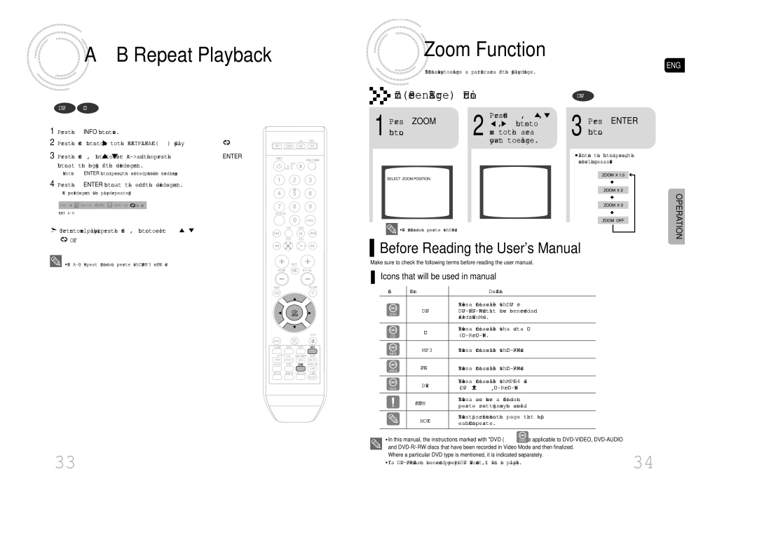 Samsung MAX-DA79T/MEA manual ↔ B Repeat Playback Zoom Function, Zoom Screen Enlarge Function DVD, Press Zoom button 