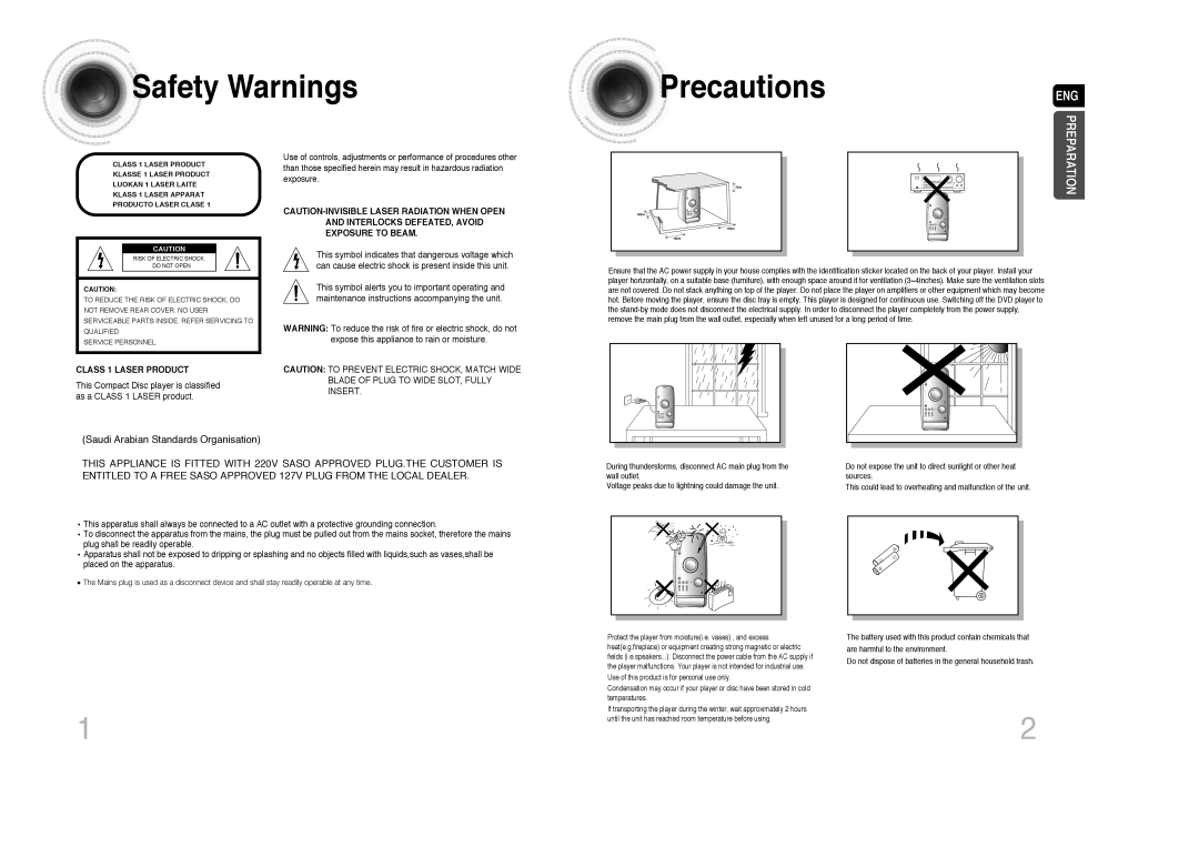 Samsung MAX-DA79T/HAC, MAX-DA79T/UMG, MAX-DA79T/FMC, MAX-DA79T/MEA, MAX-DA79T/SAH manual Safety Warnings, Precautions 