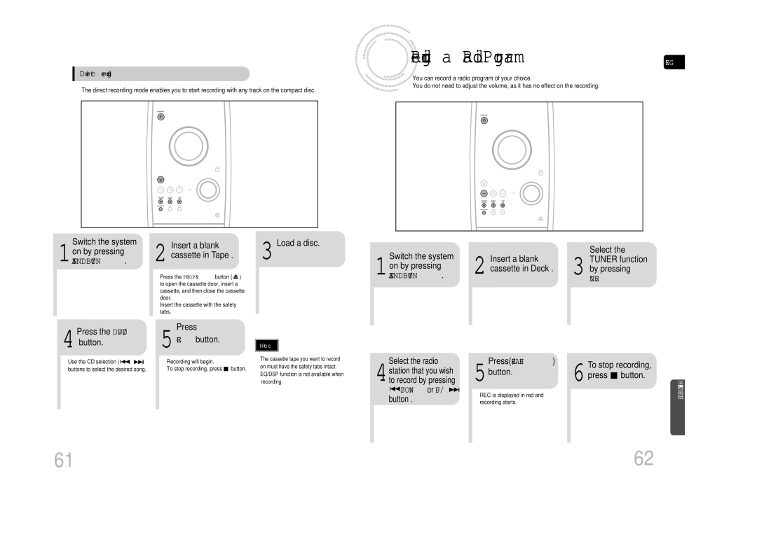 Samsung MAX-DA79T/HAC, MAX-DA79T/UMG manual Recording a Radio Program ENG, Insert a blank Load a disc Cassette in Tape 