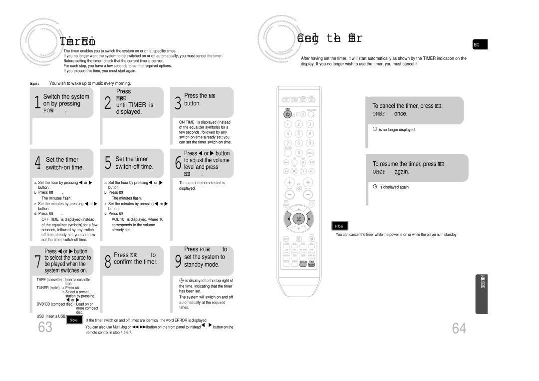 Samsung MAX-DA79T/MEA, MAX-DA79T/UMG, MAX-DA79T/FMC, MAX-DA79T/HAC Timer Function, Canceling the Timer, Timer/Clock, Power 