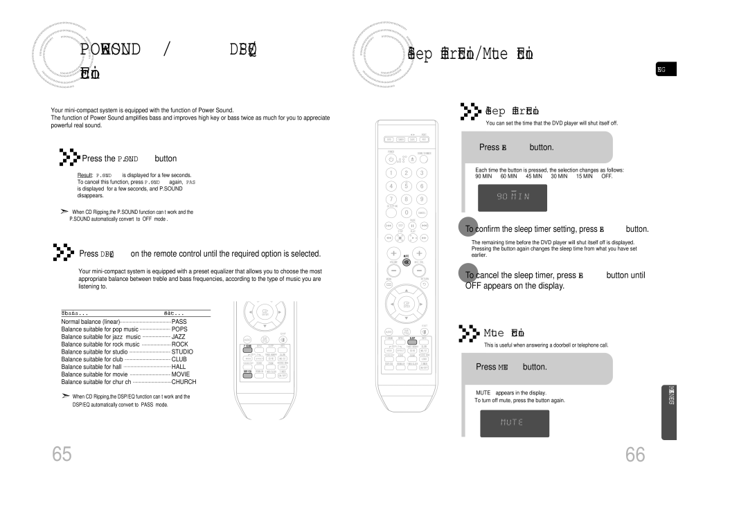 Samsung MAX-DA79T/SAH manual Power Sound / DSP/EQ Function, Press the P.SOUND button, Press Sleep button, Press Mute button 