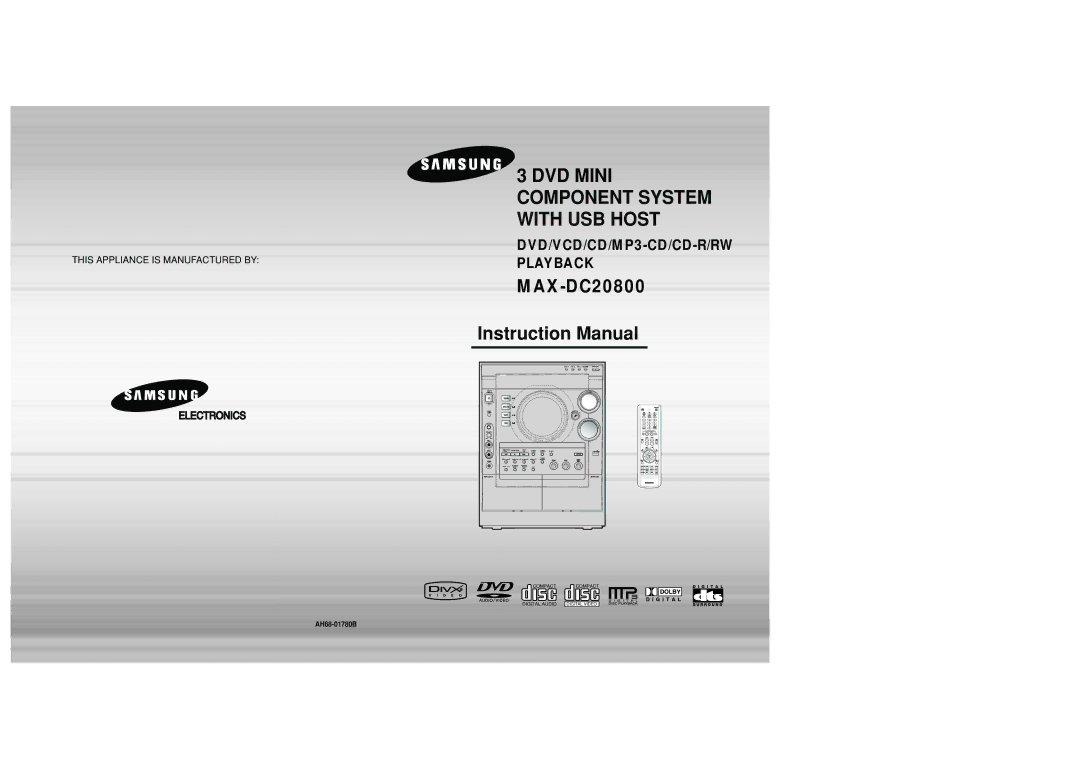 Samsung MAX-DC20800 instruction manual DVD Mini Component System with USB Host, AH68-01780B 