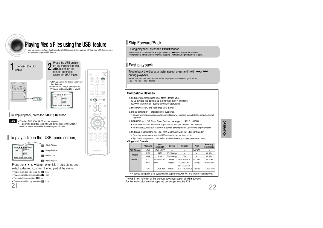 Samsung MAX-DC20800 To play a file in the USB menu screen, Compatible Devices, To stop playback, press the Stop button 