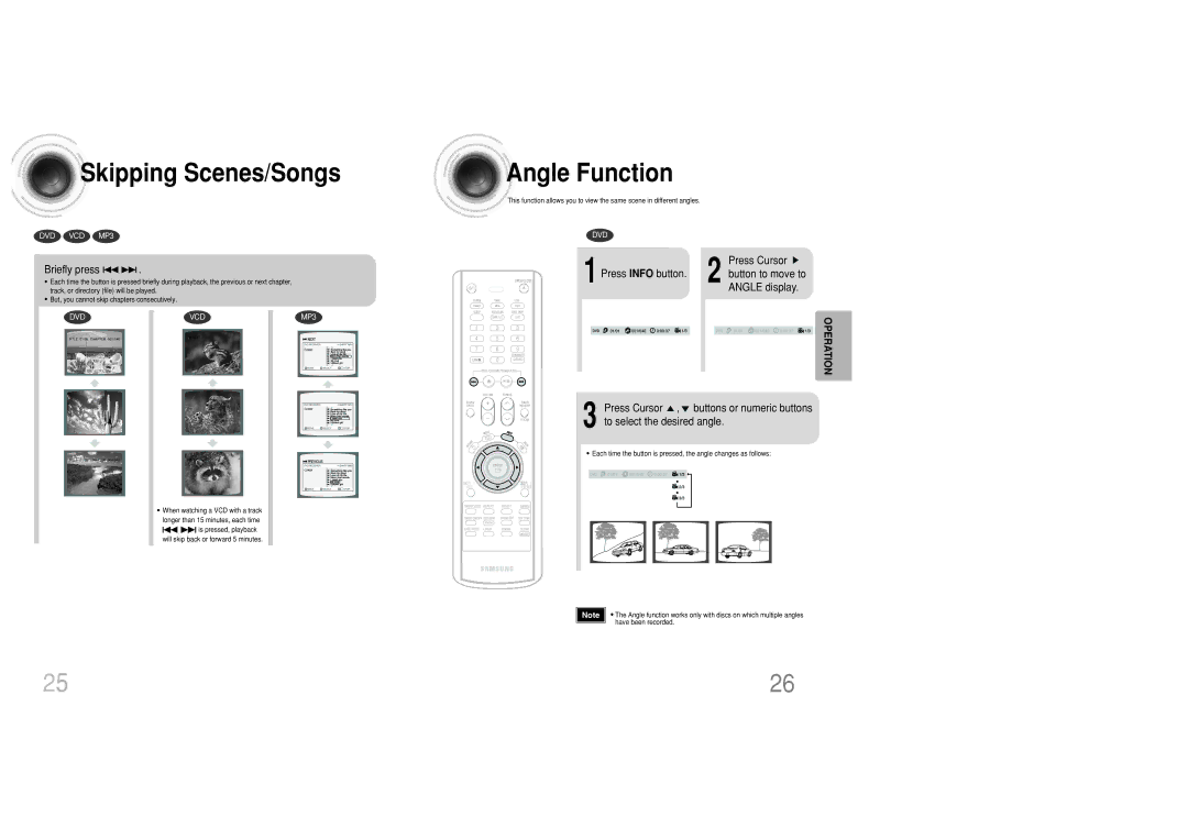 Samsung MAX-DC20800 instruction manual Skipping Scenes/Songs, Angle Function, Briefly press 