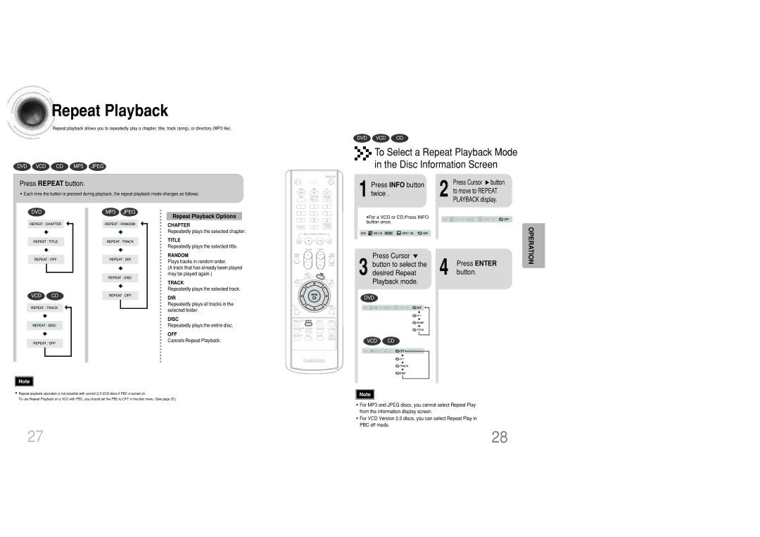 Samsung MAX-DC20800 instruction manual To Select a Repeat Playback Mode Disc Information Screen, Press Repeat button 