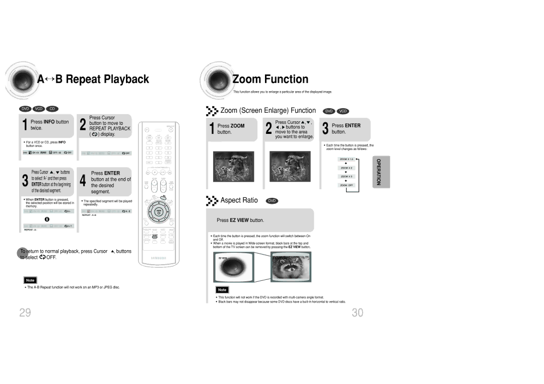 Samsung MAX-DC20800 instruction manual ↔B Repeat Playback Zoom Function, Zoom Screen Enlarge Function 