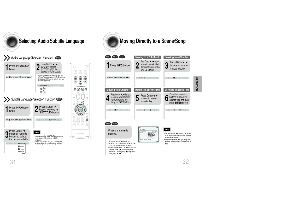 Samsung MAX-DC20800 1Press Info button, Press the numeric buttons, Press Cursor , 3 buttons to move to Chapter display 