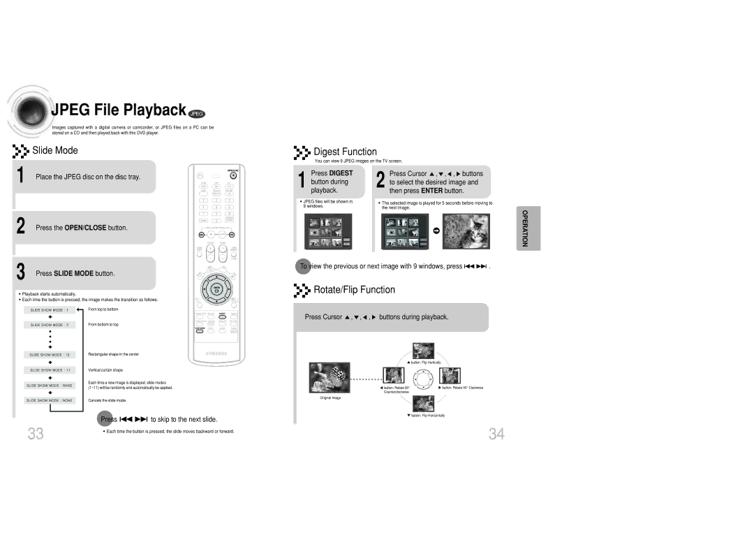 Samsung MAX-DC20800 instruction manual Jpeg File Playback Jpeg, Slide Mode Digest Function, Rotate/Flip Function 