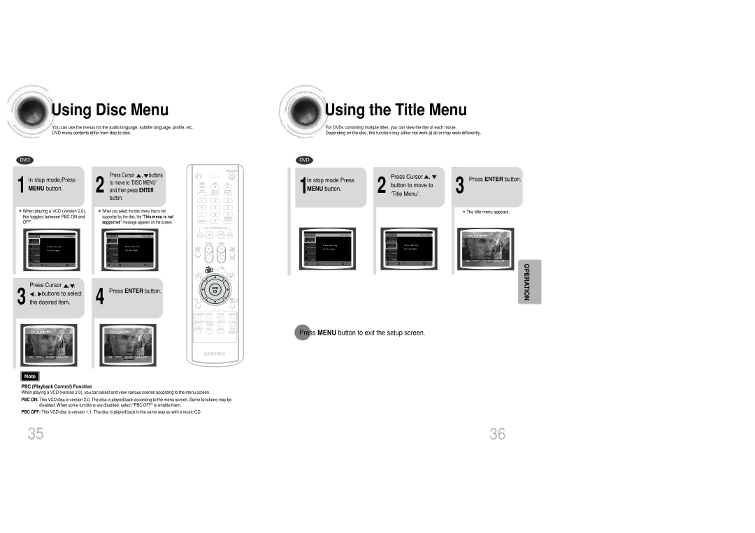 Samsung MAX-DC20800 instruction manual Using Disc Menu, Using the Title Menu, Press Menu button to exit the setup screen 