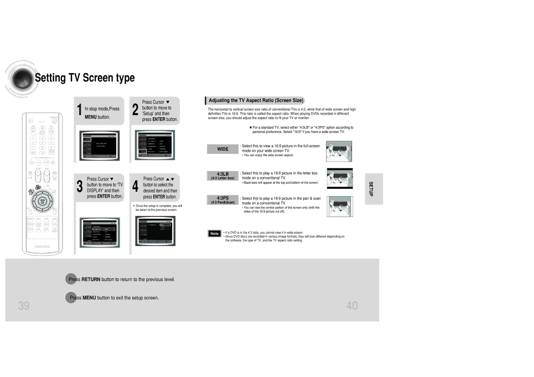 Samsung MAX-DC20800 instruction manual Adjusting the TV Aspect Ratio Screen Size, Menu button, 43LB, 43PS 