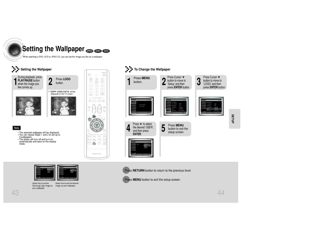 Samsung MAX-DC20800 Setting the Wallpaper Jpeg DVD VCD, Setting the Wallpaper To Change the Wallpaper, Press Menu 