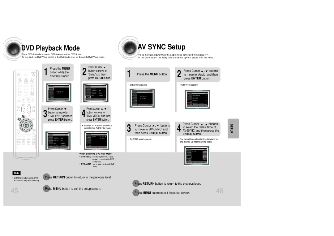 Samsung MAX-DC20800 instruction manual AV Sync Setup, DVD Playback Mode, Press the Menu button while the disc tray is open 