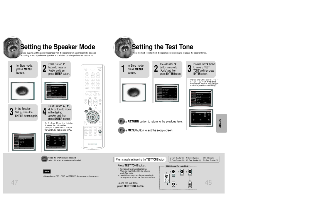 Samsung MAX-DC20800 Setting the Speaker Mode, Setting the Test Tone, Stop mode Press Menu button, Press Test Tone button 