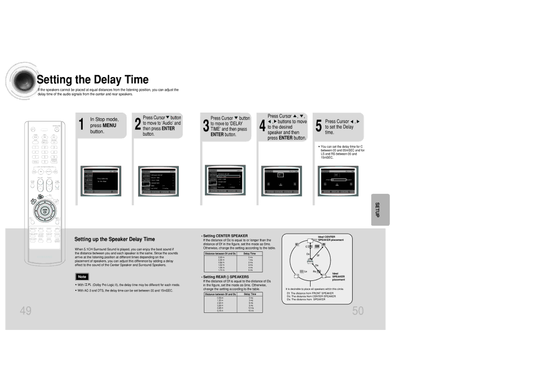 Samsung MAX-DC20800 instruction manual Setting the Delay Time, Setting up the Speaker Delay Time, Stop mode 