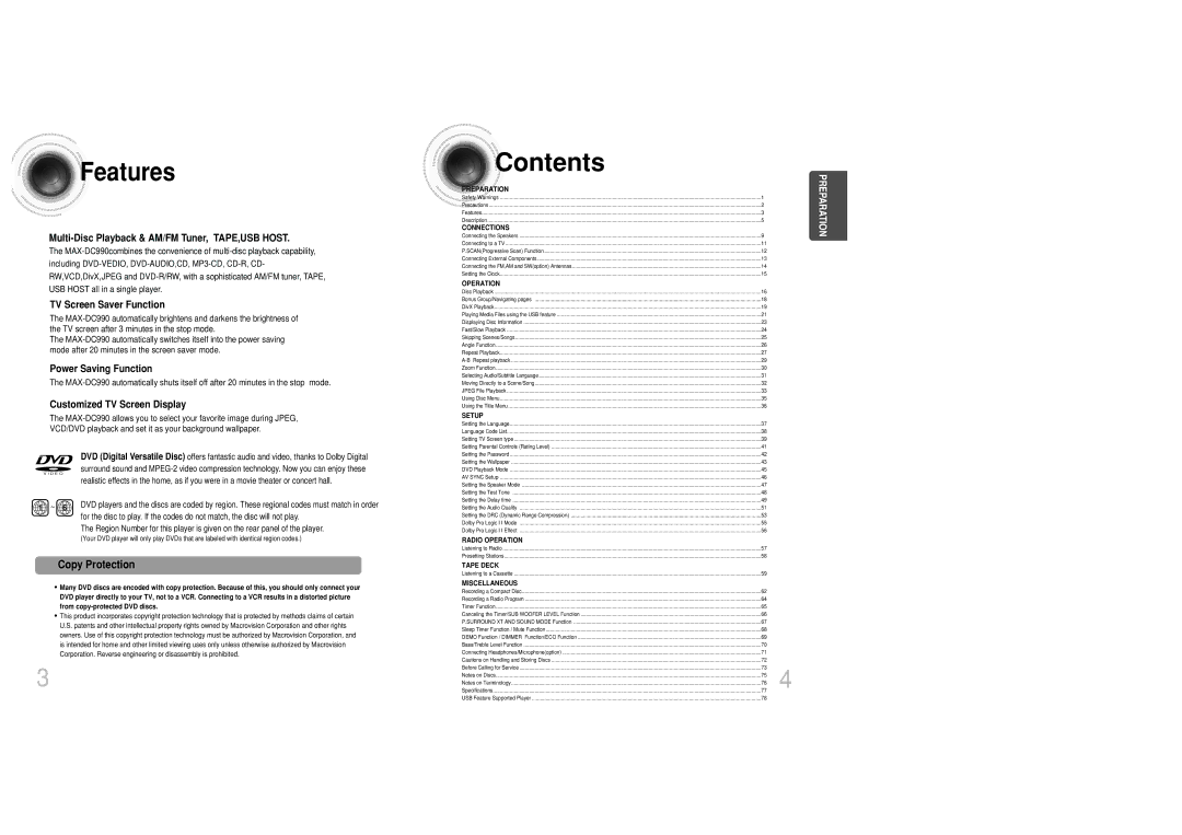 Samsung MAX-DC20800 instruction manual Contents 