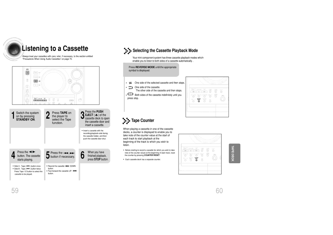 Samsung MAX-DC20800 instruction manual Listening to a Cassette, Selecting the Cassette Playback Mode, Tape Counter 