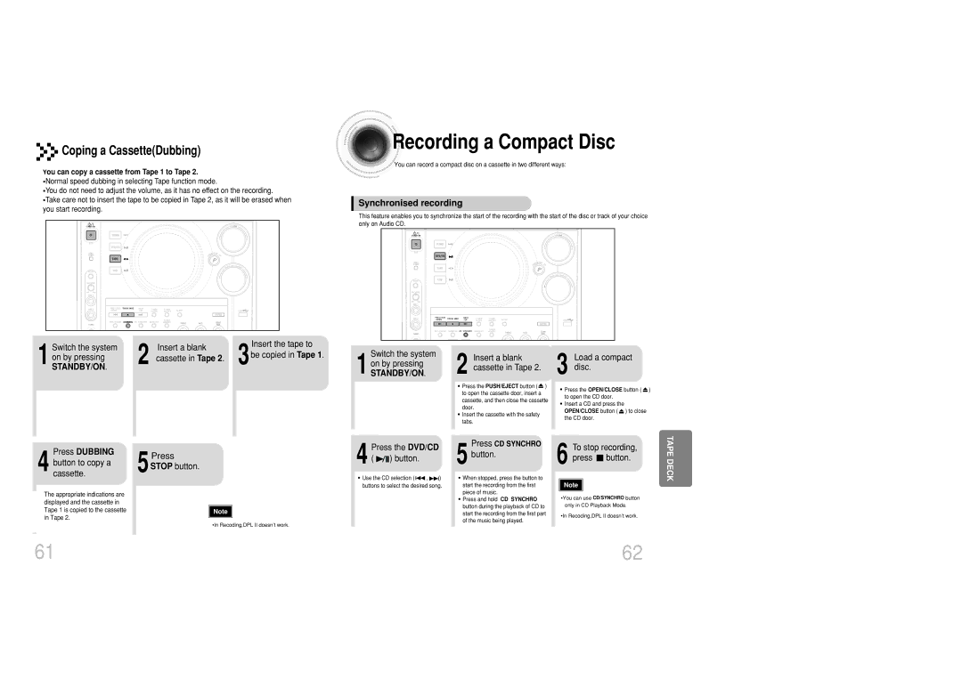 Samsung MAX-DC20800 instruction manual Recording a Compact Disc, Coping a CassetteDubbing, Press Dubbing 