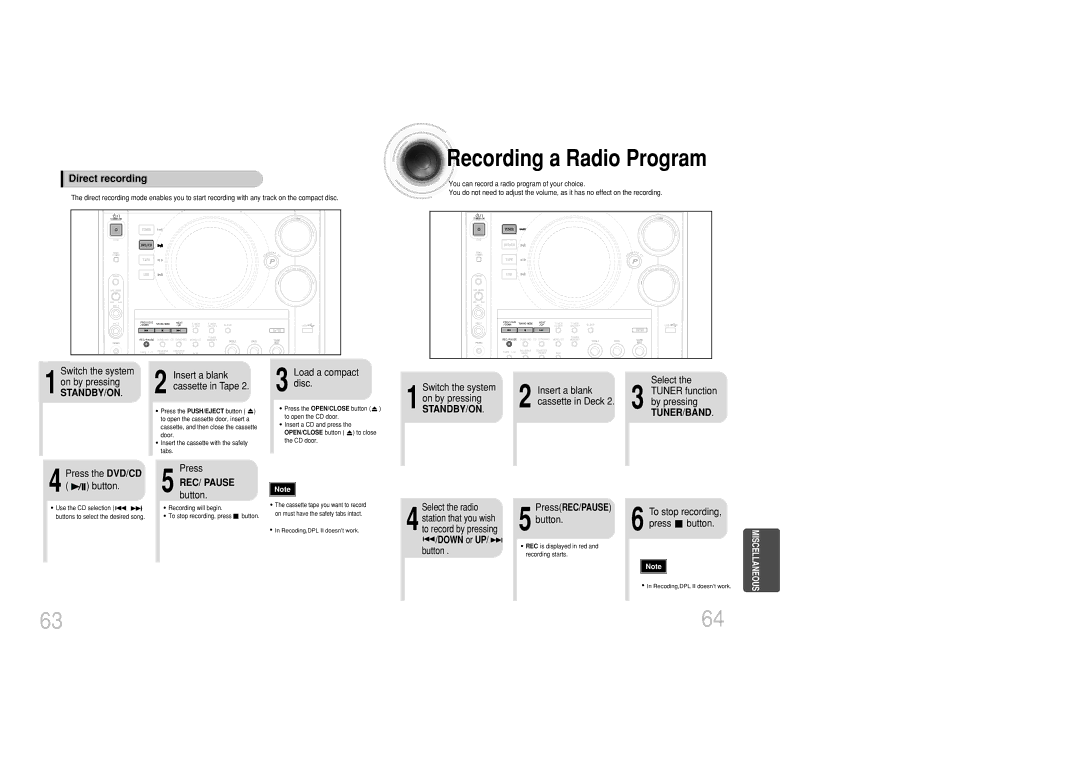 Samsung MAX-DC20800 Recording a Radio Program, REC/ Pause button, Select the radio, Down or UP/ button PressREC/PAUSE 