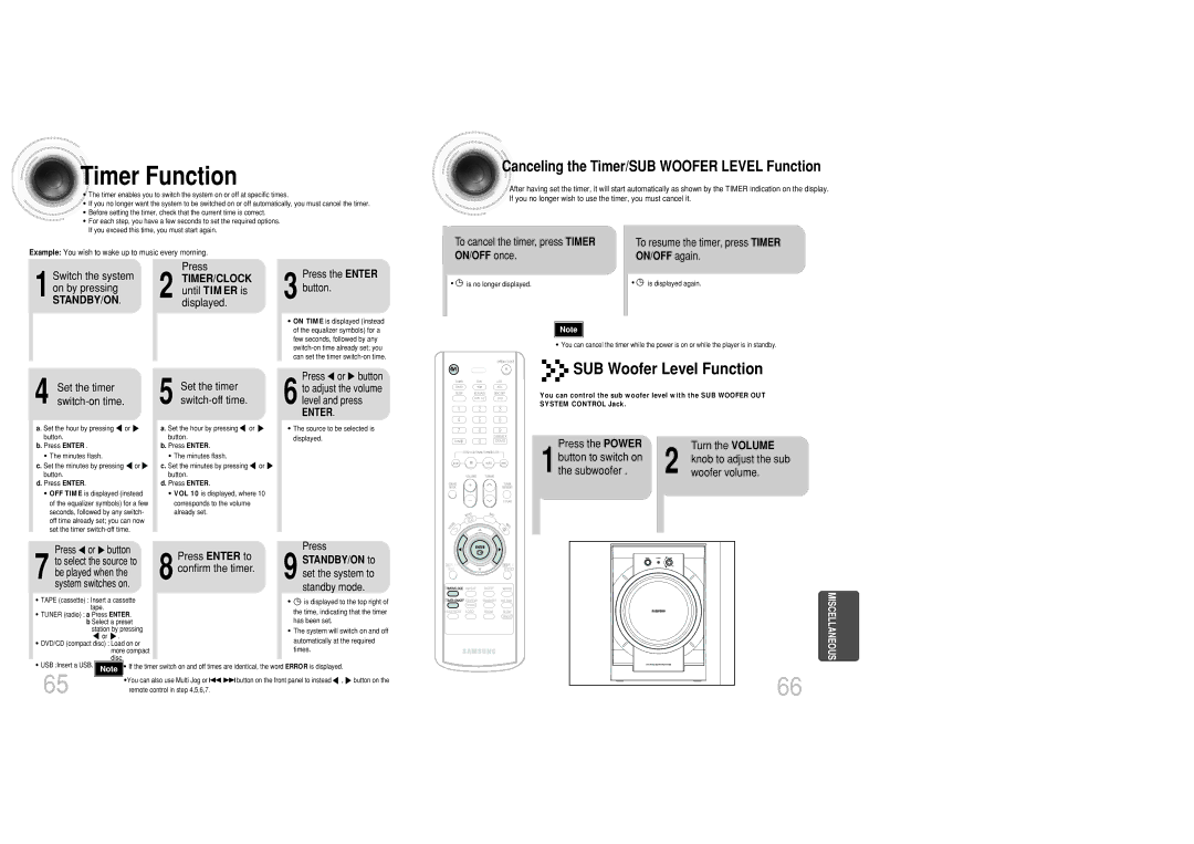 Samsung MAX-DC20800 Timer Function, Canceling the Timer/SUB Woofer Level Function, ON/OFF once ON/OFF again, STANDBY/ON to 