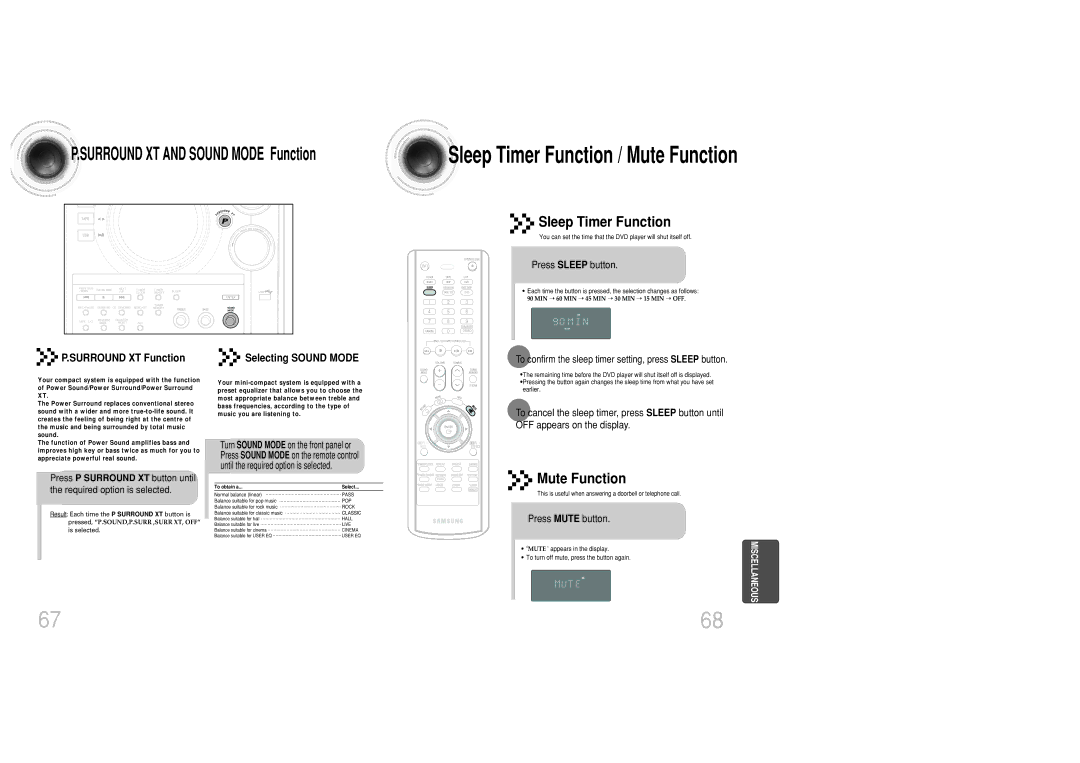 Samsung MAX-DC20800 instruction manual Surround XT Function Selecting Sound Mode, Press Sleep button, Press Mute button 