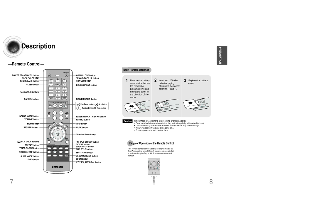 Samsung MAX-DC20800 instruction manual Insert Remote Batteries, Replace the battery cover 