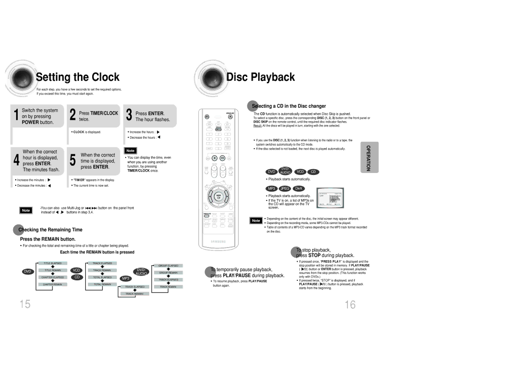 Samsung MAX-DC20800 instruction manual Setting the Clock, Disc Playback, Selecting a CD in the Disc changer 