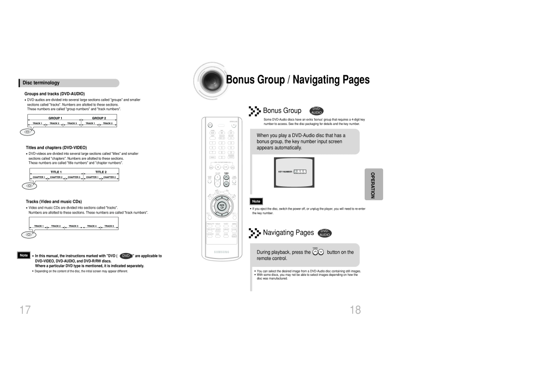 Samsung MAX-DC20800 BonusGroup / Navigating Pages, Bonus Group, Navigating Pages DVD, Operation, Disc terminology 