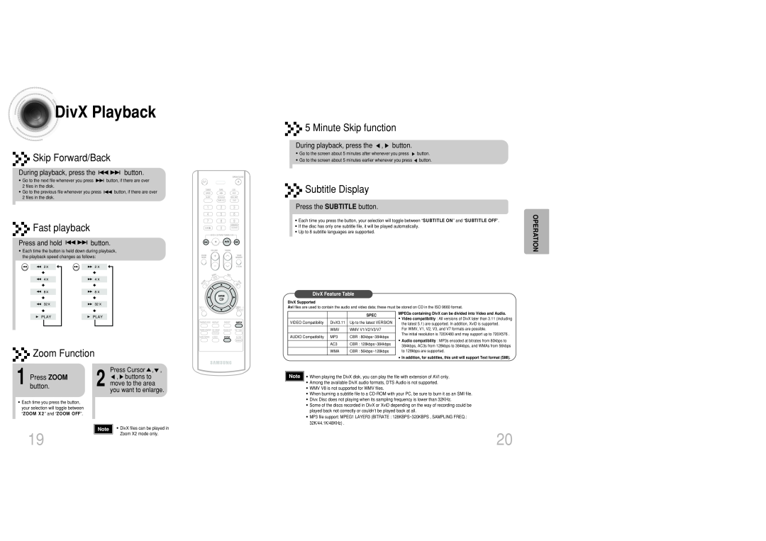 Samsung MAX-DC20800 DivXPlayback, Skip Forward/Back, Fast playback, Minute Skip function, Subtitle Display, Zoom Function 