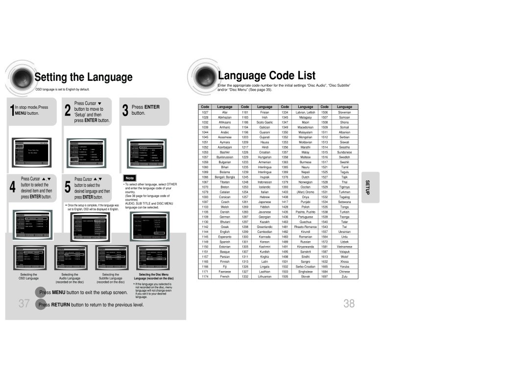 Samsung MAX-DC20800 LanguageCode List, Settingthe Language, Setup, In stop mode,Press, button to move to, Press ENTER 