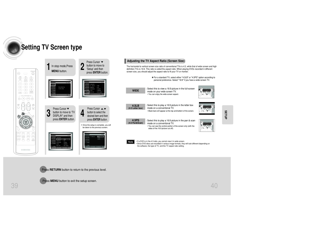 Samsung MAX-DC20800 Setting TV Screen type, Setup, Adjusting the TV Aspect Ratio Screen Size, MENU button, WIDE 4 3LB 