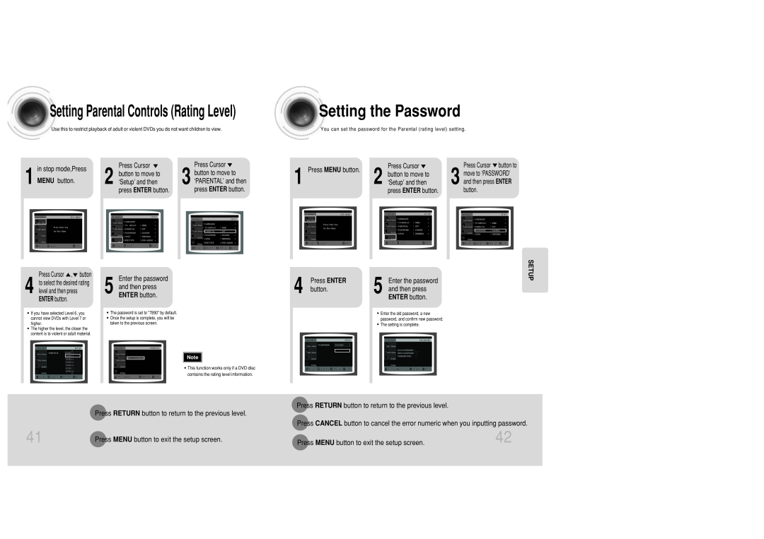 Samsung MAX-DC20800 instruction manual Settingthe Password, Setting Parental Controls Rating Level, Setup 