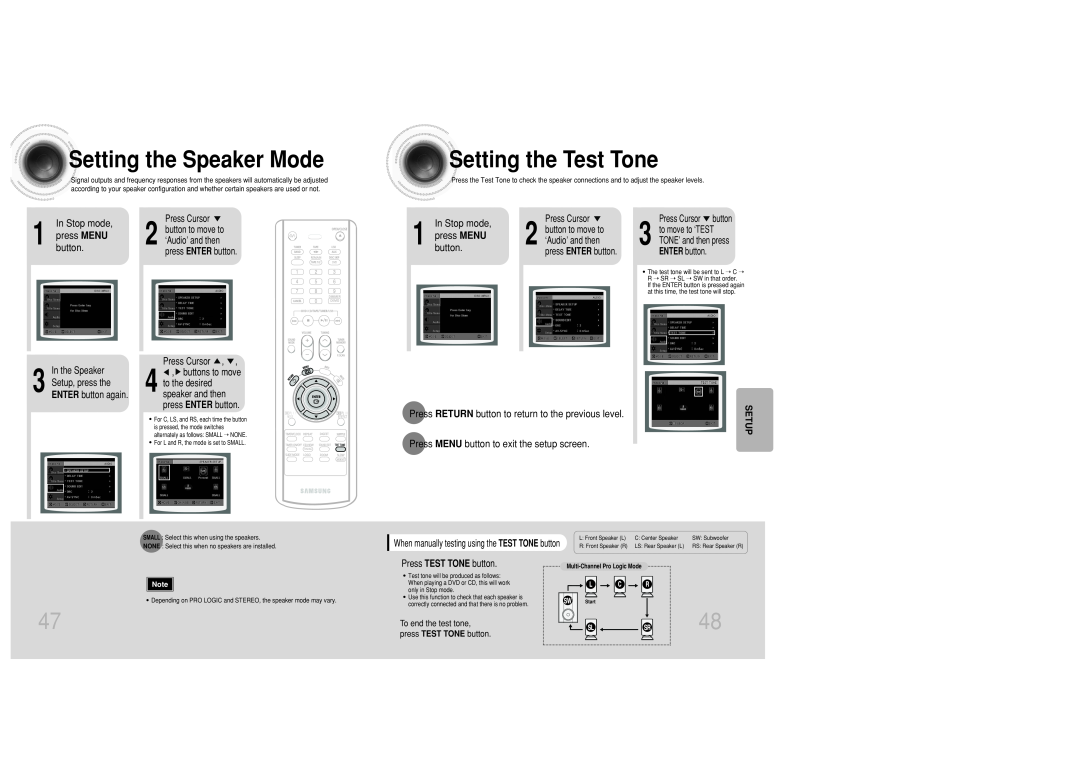 Samsung MAX-DC20800 Settingthe Speaker Mode, Settingthe Test Tone, In Stop mode 1 press MENU button, To end the test tone 