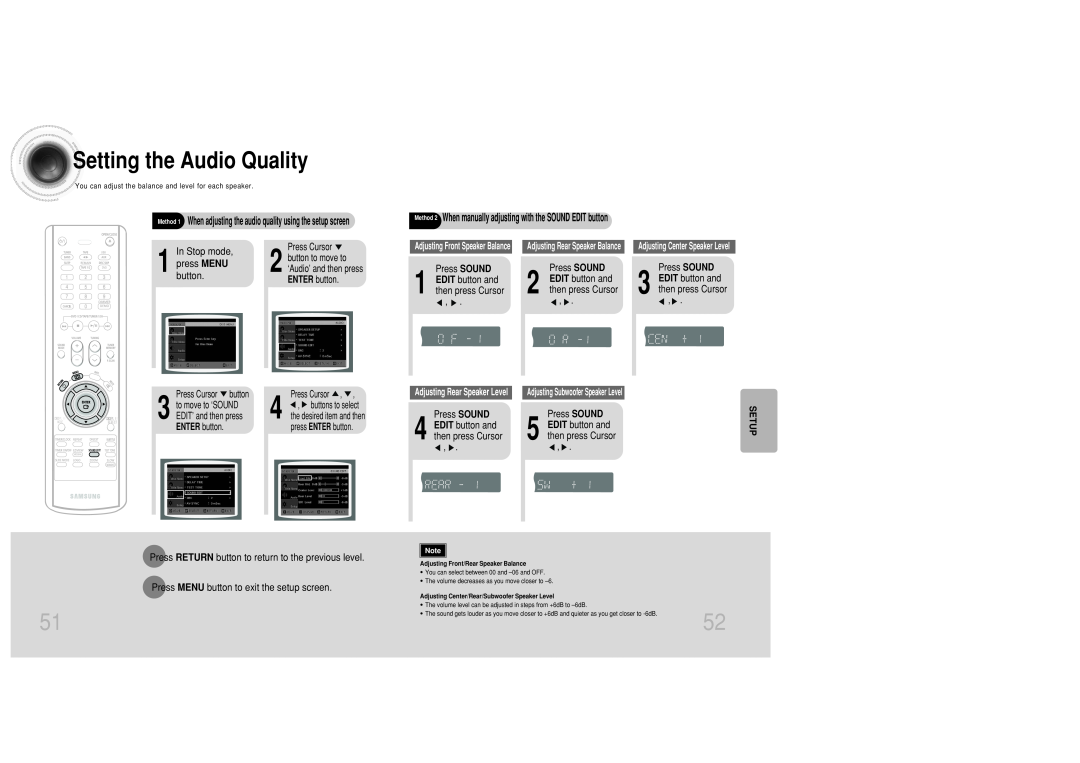 Samsung MAX-DC20800 instruction manual Settingthe Audio Quality, Setup 