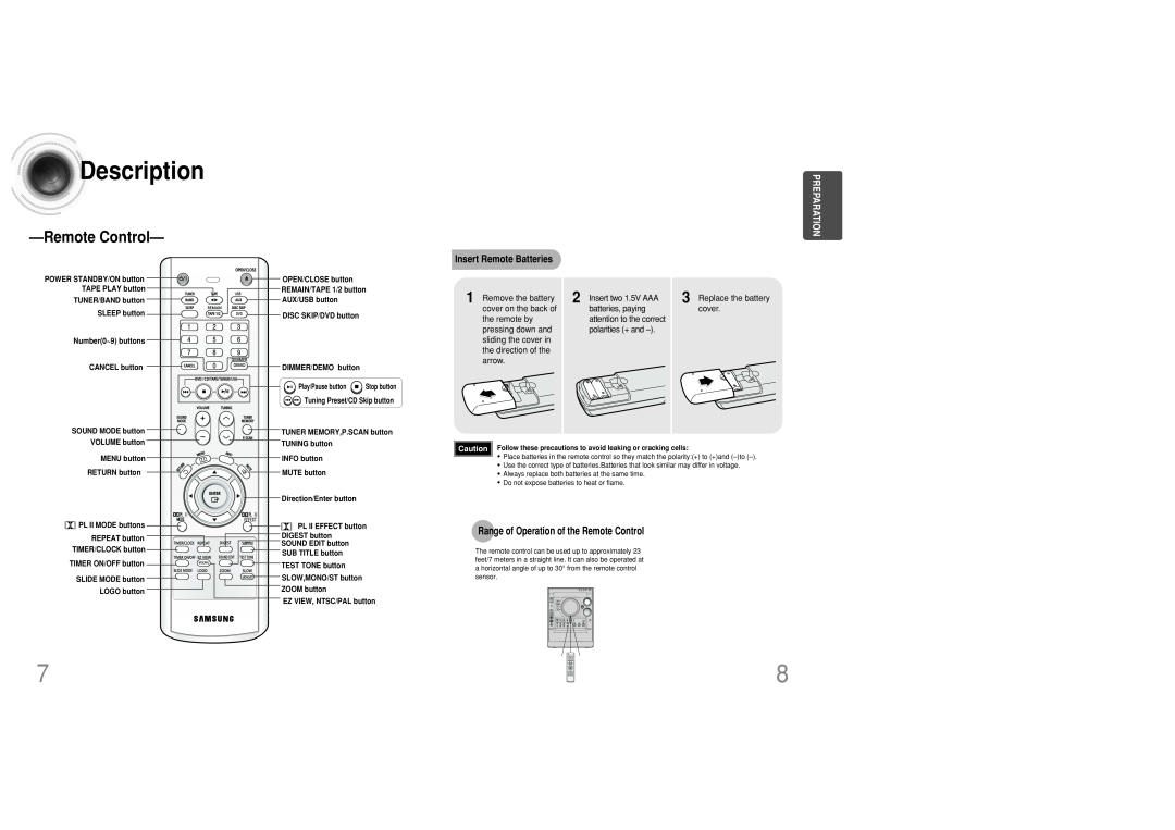 Samsung MAX-DC20800 RemoteControl, Insert Remote Batteries, Replace the battery cover, Description, Preparation 
