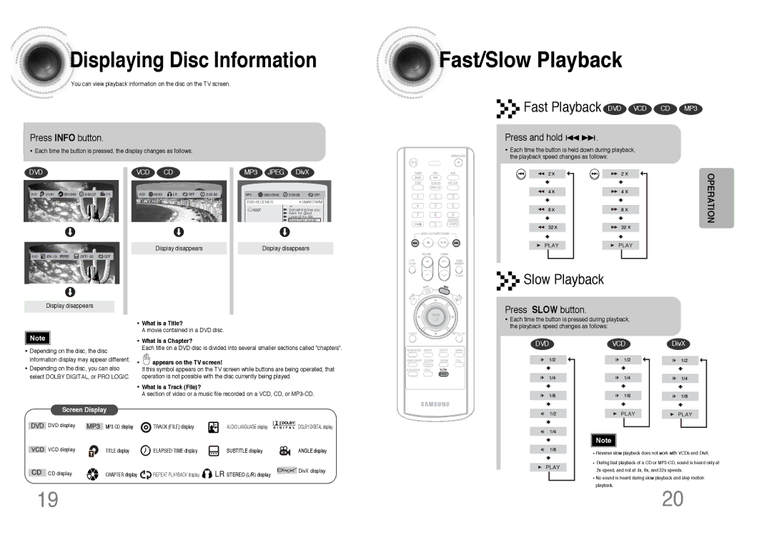 Samsung MAX-DC640F/UMG manual Fast/Slow Playback, Displaying Disc Information, Fast Playback DVD VCD CD MP3, Operation 