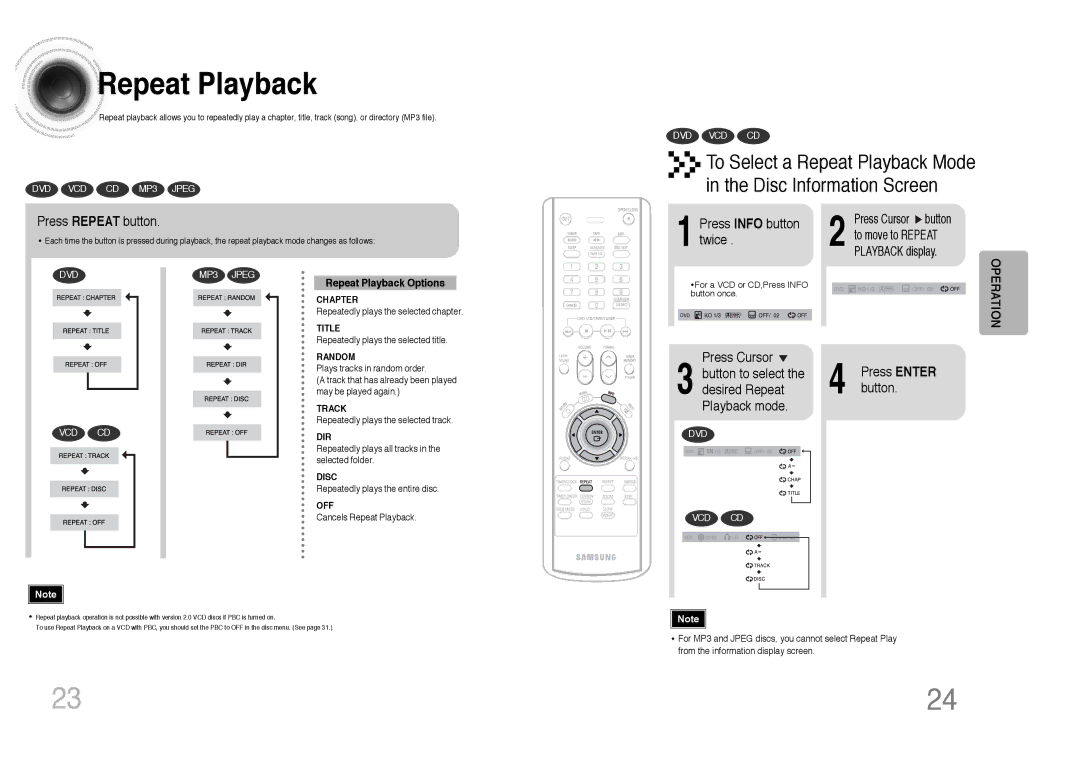 Samsung MAX-DC640F/UMG, MAX-DC640F/XSG manual To Select a Repeat Playback Mode Disc Information Screen 