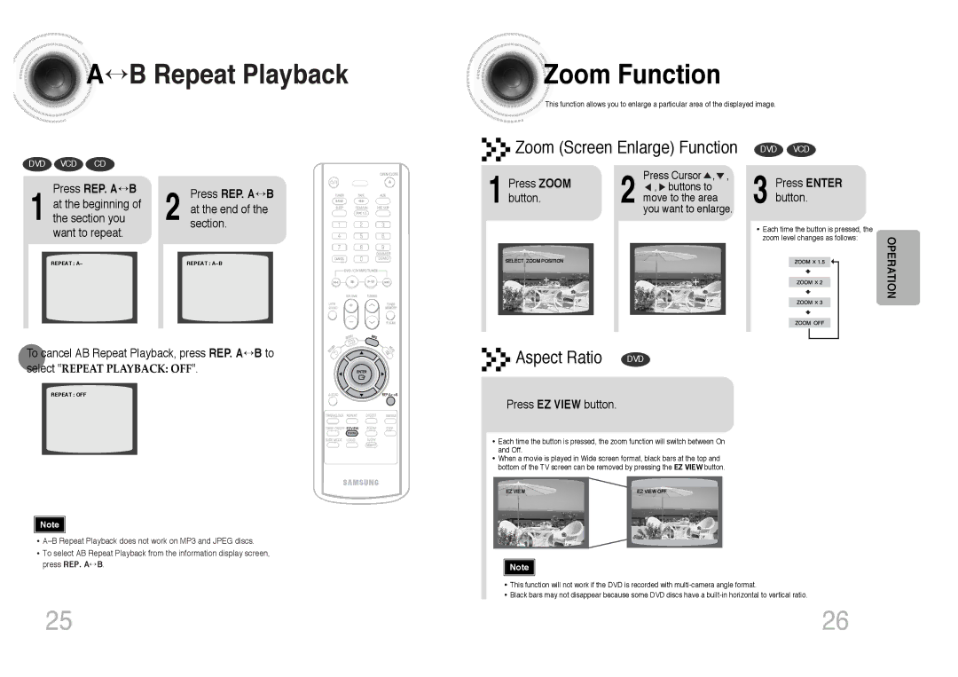 Samsung MAX-DC640F/XSG, MAX-DC640F/UMG manual Zoom Function, Zoom Screen Enlarge Function, Press REP. A↔ B 